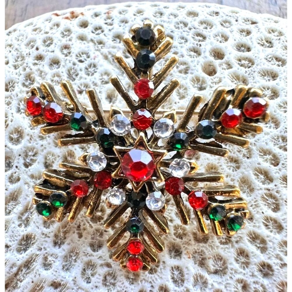 Christmas Snowflake Brooch Pin Star Red Green Crystal Accents Festive Wi… - Picture 11 of 12
